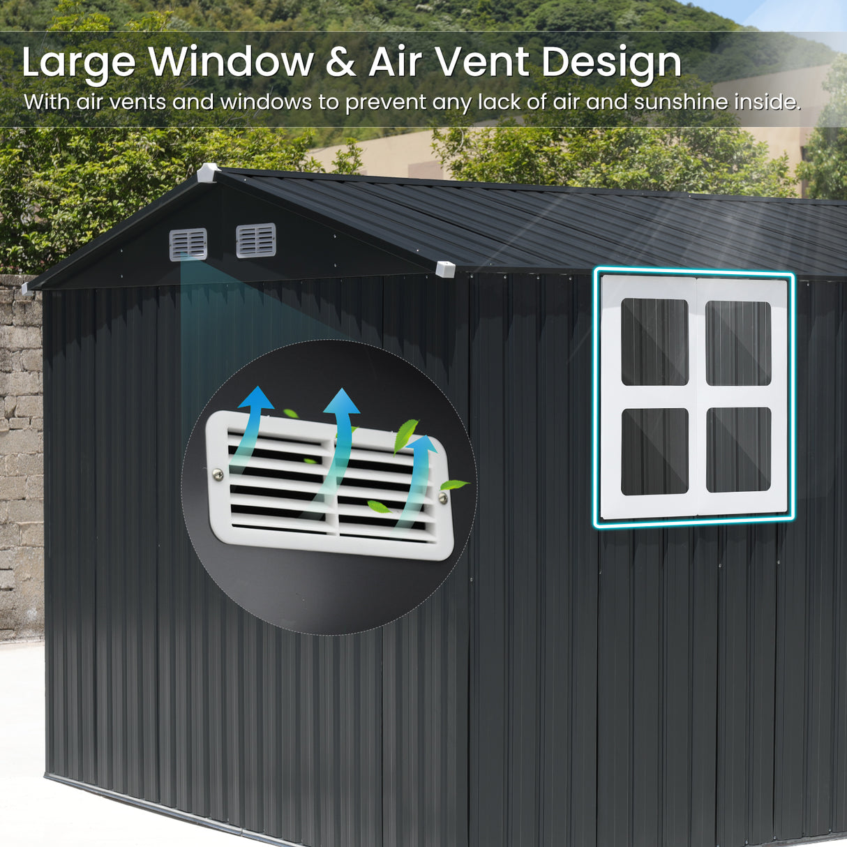 JOIVI Outdoor Storage Shed with Large Window, Patio Galvanized Metal Steel Garden Shed