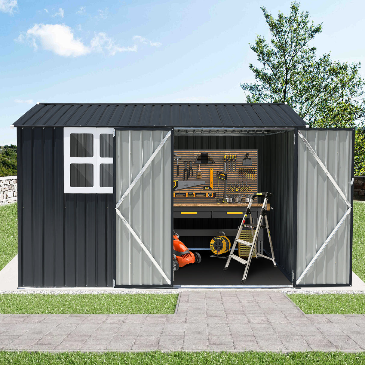 JOIVI Outdoor Storage Shed with Large Window, Patio Galvanized Metal Steel Garden Shed