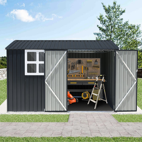 JOIVI Outdoor Storage Shed with Large Window, Patio Galvanized Metal Steel Garden Shed