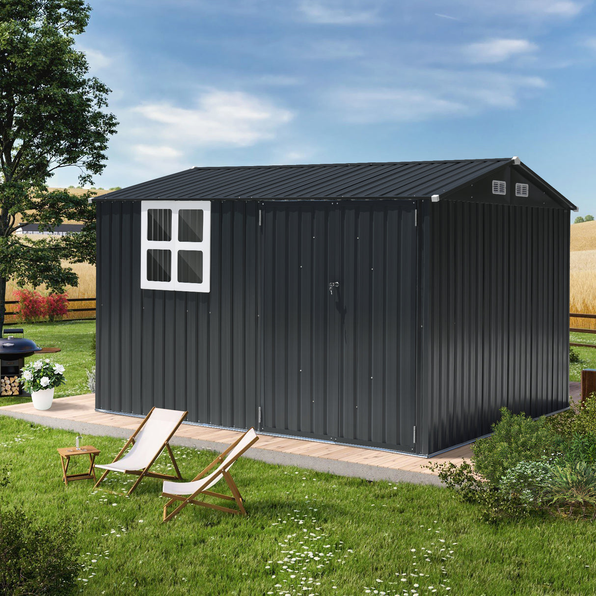 JOIVI Outdoor Storage Shed with Large Window, Patio Galvanized Metal Steel Garden Shed