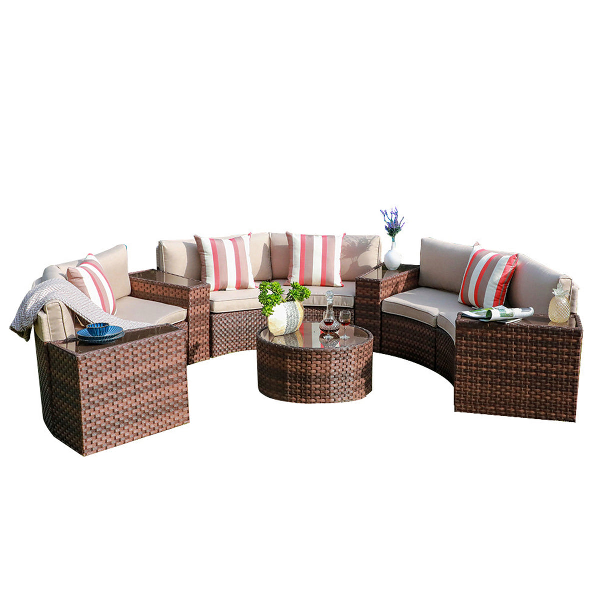 JOIVI Outdoor Sectional Half-Moon Curved Sofa Set,  Sectional Furniture Set with Round Coffee Table and Side Tables