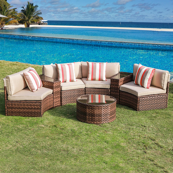 JOIVI Outdoor Sectional Half-Moon Curved Sofa Set,  Sectional Furniture Set with Round Coffee Table and Side Tables