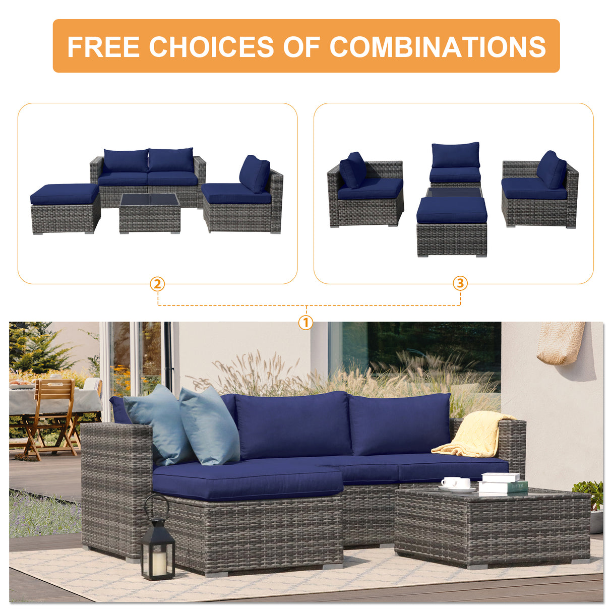 JOIVI 6 Pieces Patio Furniture with Fire Pit Table, PE Wicker Rattan Outdoor Sectional with Propane Fire Pit Table, Patio Conversation Set with ETL Certified Gas Fire Pit Table