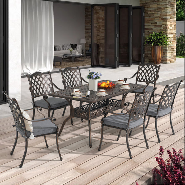 JOIVI 7 Piece Patio Furniture Dining Set, Cast Aluminum Outdoor Dining Chairs and Table Set with Umbrella Hole, Antique Bronze Stackable Chairs Set