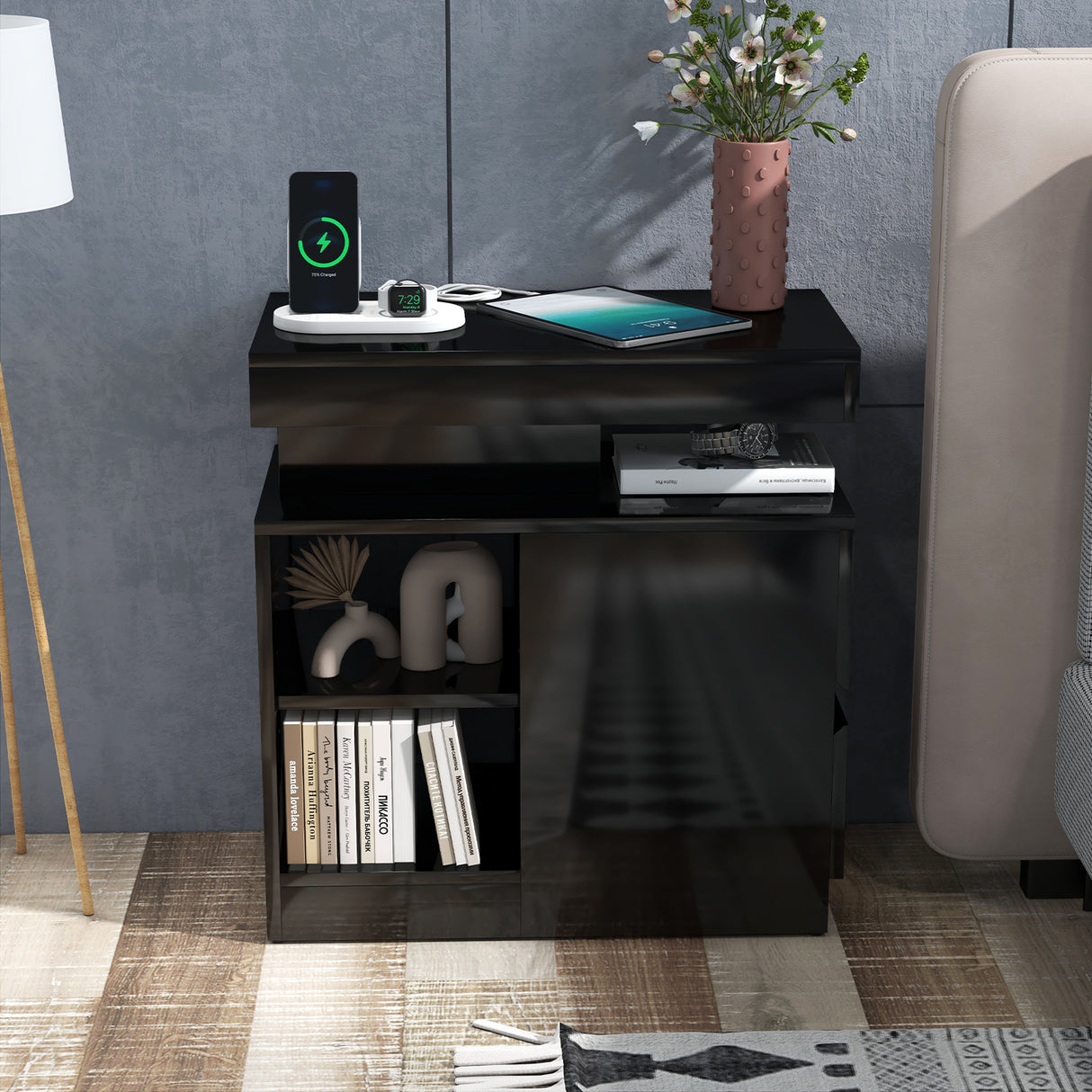 JOIVI LED Nightstand with Charging Station, 2-Drawers High Gloss Bedside Table, Modern End Side Table with LED Lights