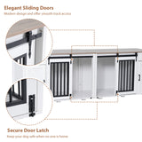 JOIVI 88" Dog Crate Furniture with Double Sliding Barn Doors & Drawers for 2 Dogs, Indoor Wooden Dog Kennel with Removable Divider