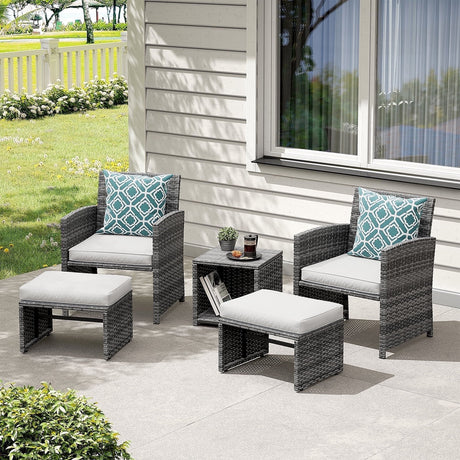 5 Piece Patio Furniture Set, Wicker Outdoor Patio Set with Ottoman and Small Coffee Table, Pillows Included