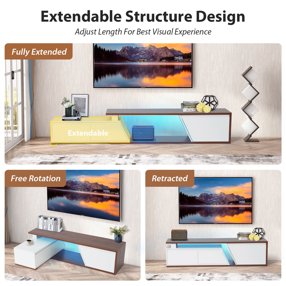 JOIVI Extendable LED TV Stand, Modern Entertainment Center with 2 Drawers, Sliding Tabletop Media Console with Storage Cabinet for Living Room