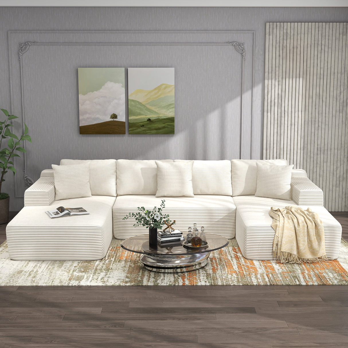 JOIVI Indoor Modular Sectional Sofa, 132'' Corduroy Cloud Couch with Double Chaise, U Shaped Sofas with Deep Seat, Comfy Fluffy Plush Couches, No Assembly Required