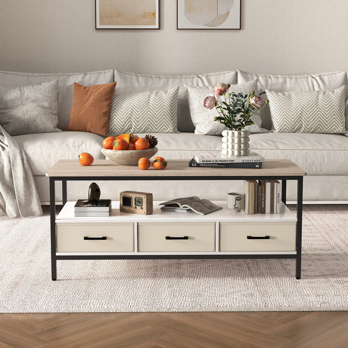 JOIVI 2-Tier Coffee Table with Storage Shelf and 3 Drawers, 46.3" Rectangular Center Table Wood Top for Living Room