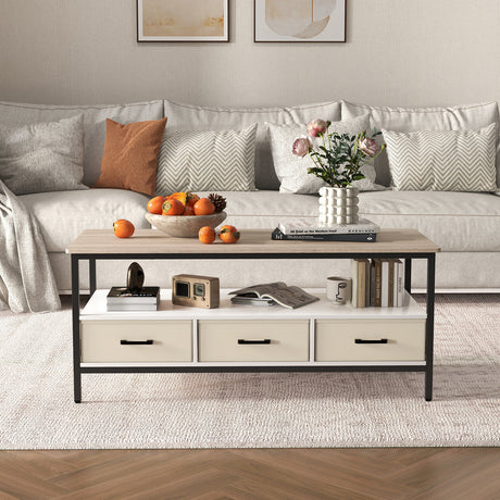 JOIVI 2-Tier Coffee Table with Storage Shelf and 3 Drawers, 46.3" Rectangular Center Table Wood Top for Living Room