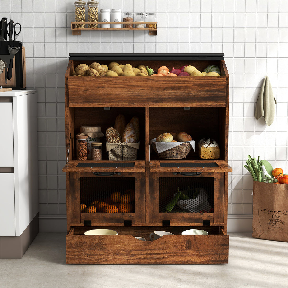 JOIVI Large Potato Storage Wood Bin, Wooden Bread Storage Bins with Removable Drawer & 4 Doors, 31'' Onion Organizer with Grocery Section, Vegetable Organization Cabinet for Kitchen