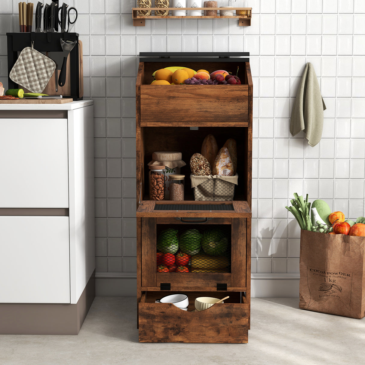 JOIVI Potato Storage Wood Bin, Wooden Bread Storage Bins with Removable Drawer & 2 Doors, 16'' Onion Organizer with Grocery Section, Vegetable Organization Cabinet for Kitchen