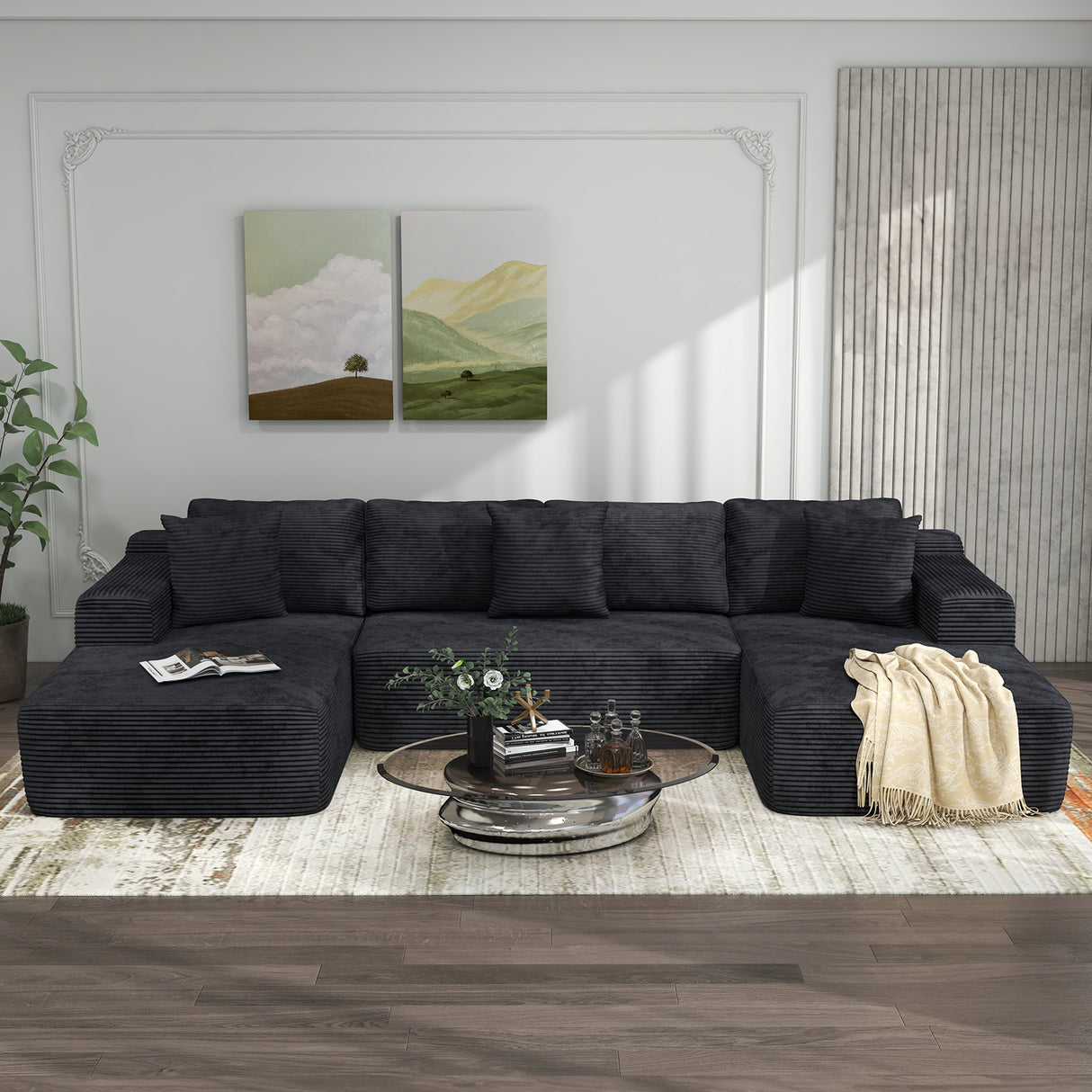 JOIVI Indoor Modular Sectional Sofa, 132'' Corduroy Cloud Couch with Double Chaise, U Shaped Sofas with Deep Seat, Comfy Fluffy Plush Couches, No Assembly Required