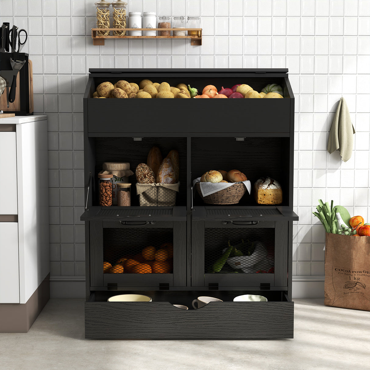 JOIVI Large Potato Storage Wood Bin, Wooden Bread Storage Bins with Removable Drawer & 4 Doors, 31'' Onion Organizer with Grocery Section, Vegetable Organization Cabinet for Kitchen