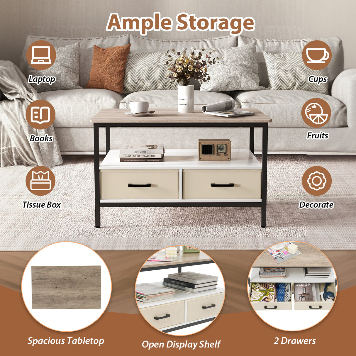 JOIVI 2-Tier Coffee Table with Storage Shelf and 2 Drawers, 31.5" Rectangular Center Table Wood Top for Living Room