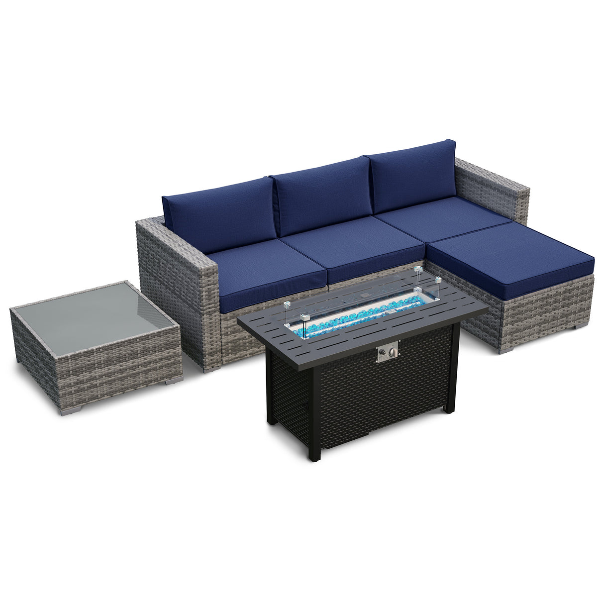 JOIVI 6 Pieces Patio Furniture with Fire Pit Table, PE Wicker Rattan Outdoor Sectional with Propane Fire Pit Table, Patio Conversation Set with ETL Certified Gas Fire Pit Table