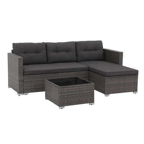 JOIVI 3 Pieces Patio Conversation Set, PE Wicker Rattan Outdoor Furniture Set, 2 Ways Small Sectional Sofa with Cushions, Tempered Glass Coffee Table