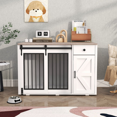JOIVI 44" Dog Crate Furniture with Sliding Barn Door, Wooden Dog Kennel with Drawer and Storage Cabinet