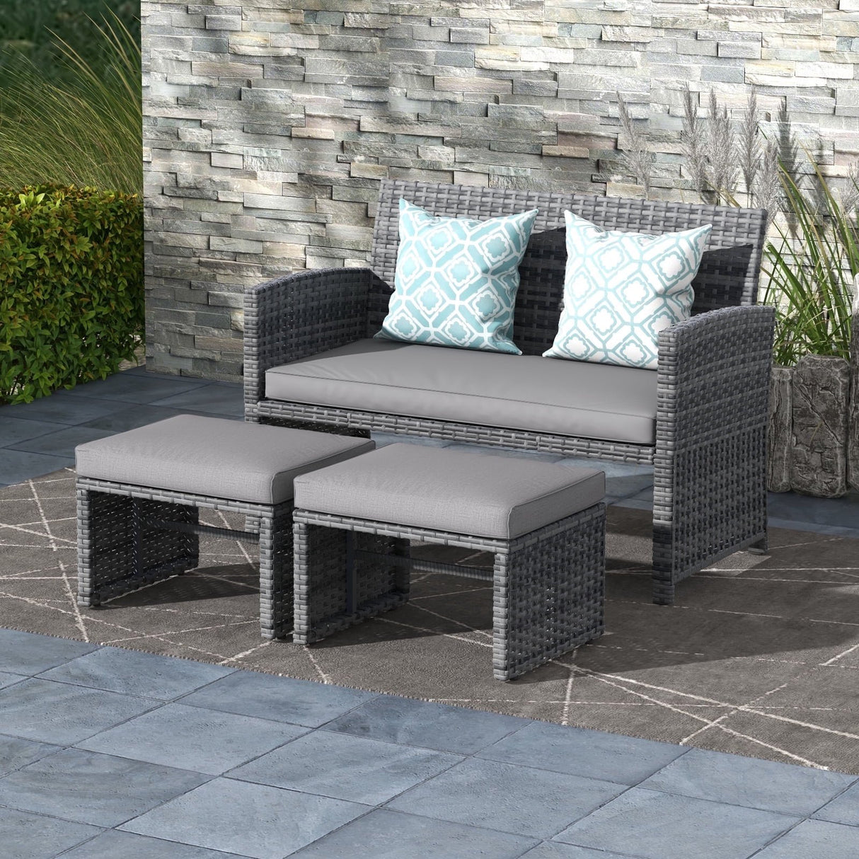 Outdoor Loveseat Patio Furniture Rattan Conversation Set, with Ottoman, Pillows Included, Grey Wicker