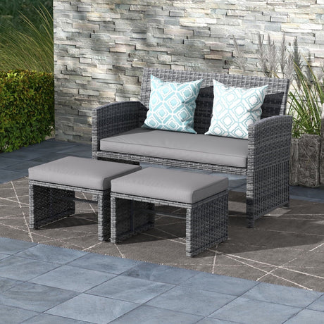 Outdoor Loveseat Patio Furniture Rattan Conversation Set, with Ottoman, Pillows Included, Grey Wicker