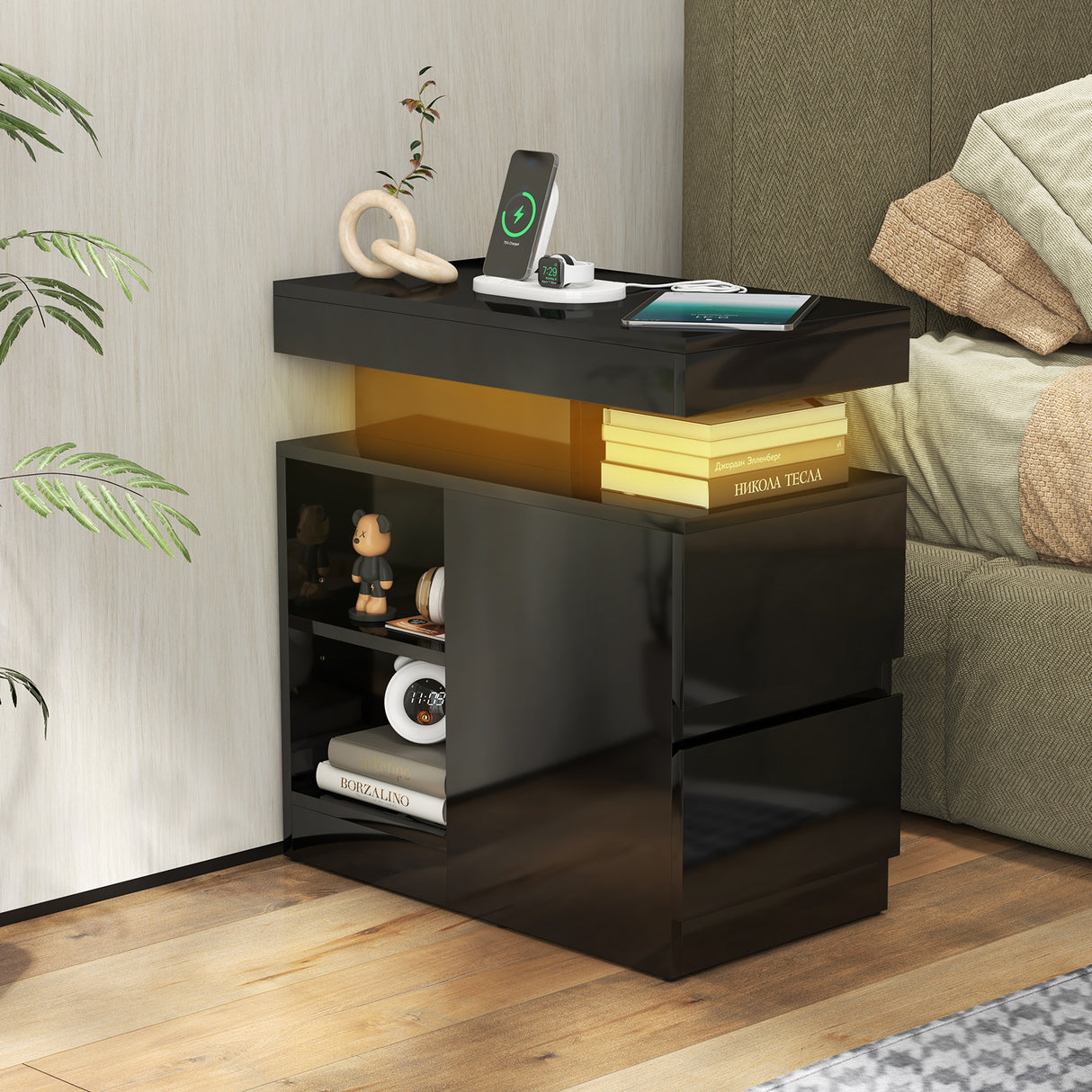JOIVI LED Nightstand with Charging Station, 2-Drawers High Gloss Bedside Table, Modern End Side Table with LED Lights