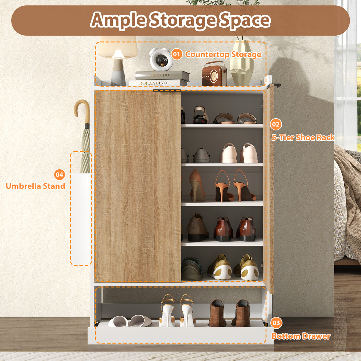 JOIVI Shoe Storage Cabinet with Sliding Drawer, Shoe Organizer Cabinet with 4 Removable Shelves, Freestanding Hidden Shoe Organizer for Entryway Hallway