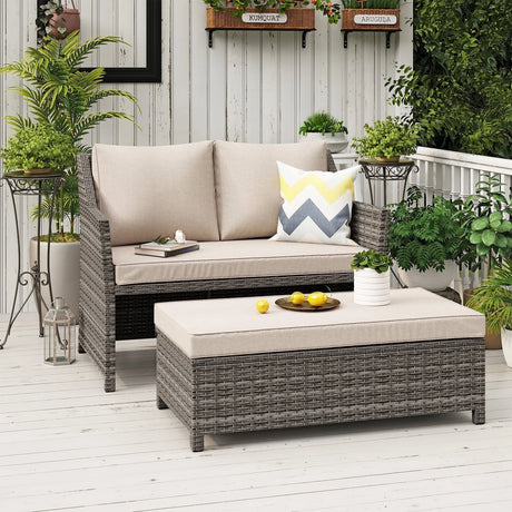 Outdoor Wicker Love Seat and Coffee Table Set, Weather Resistant Rattan, Patio Furniture with Cushions & Storage Bin
