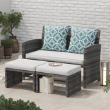 Outdoor Loveseat Patio Furniture Rattan Conversation Set, with Ottoman, Pillows Included, Grey Wicker