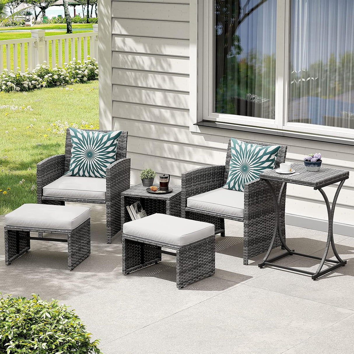 6 Piece Patio Furniture Conversation Set, with Ottoman, Outdoor Grey Wicker Chair and Coffee Table Set