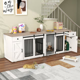 JOIVI 88" Dog Crate Furniture with Double Sliding Barn Doors & Drawers for 2 Dogs, Indoor Wooden Dog Kennel with Removable Divider