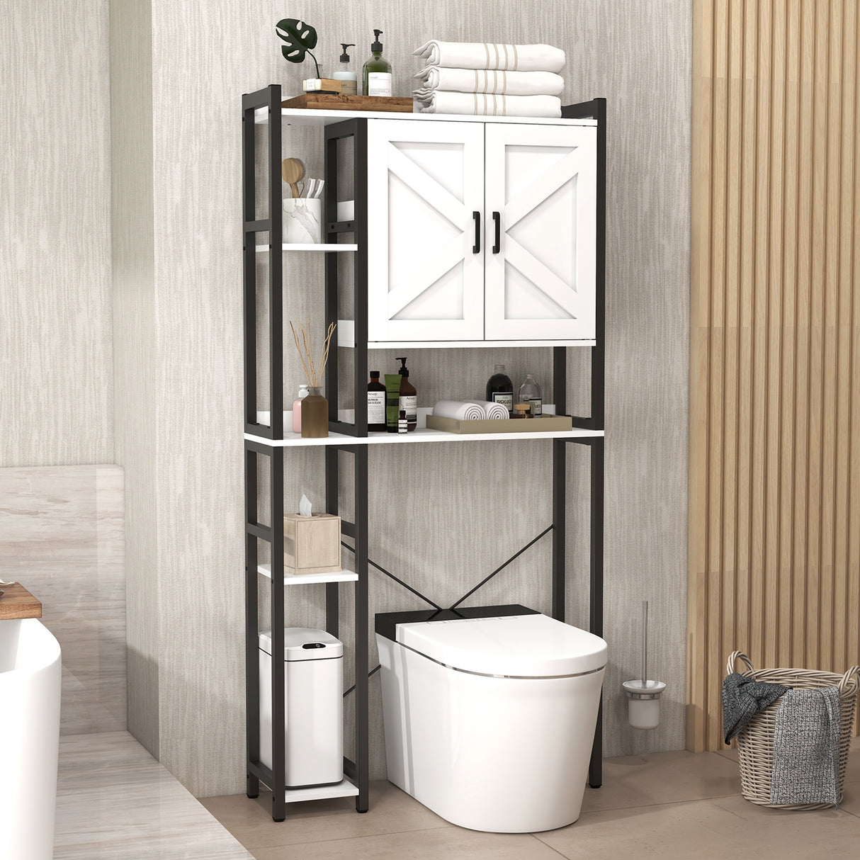 JOIVI Over The Toilet Storage Cabinet, Over Toilet Bathroom Organizer with Adjustable Shelf and Double Doors