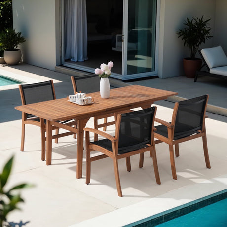 Expandable Wooden Outdoor Dining Set of 5, with Textilene Fabric Chairs, 4-8 Seater Patio Furniture, Adjustable Feet, Wood Table with Umbrella Hole