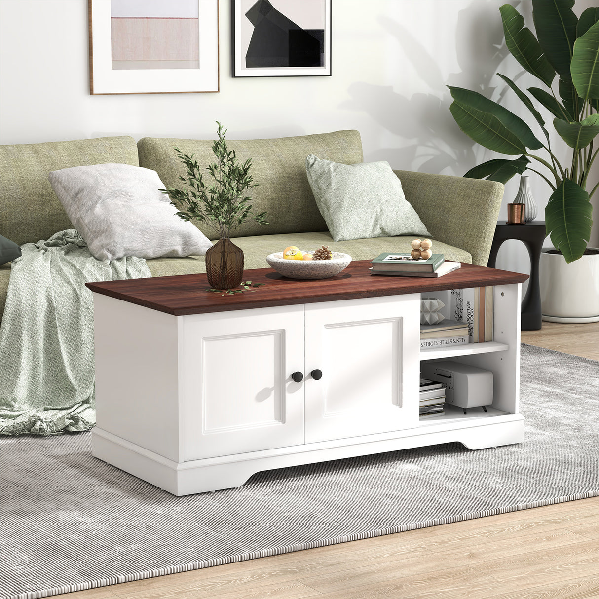 JOIVI 47'' Farmhouse Coffee Table with Storage & 4 Sliding Barn Doors, Modern Rustic Vintage Living Room Table with Adjustable Shelves, White