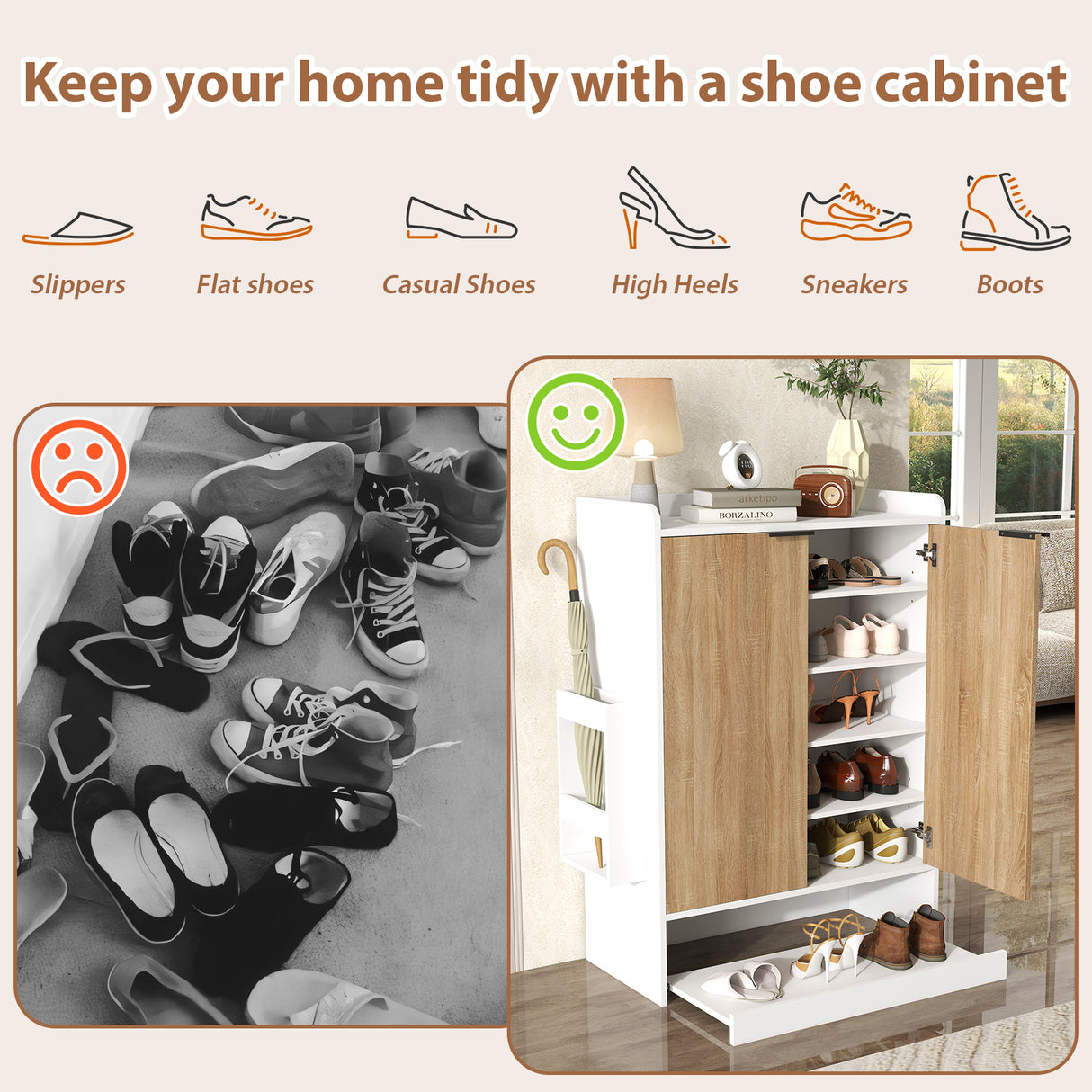 JOIVI Shoe Storage Cabinet with Sliding Drawer, Shoe Organizer Cabinet with 4 Removable Shelves, Freestanding Hidden Shoe Organizer for Entryway Hallway