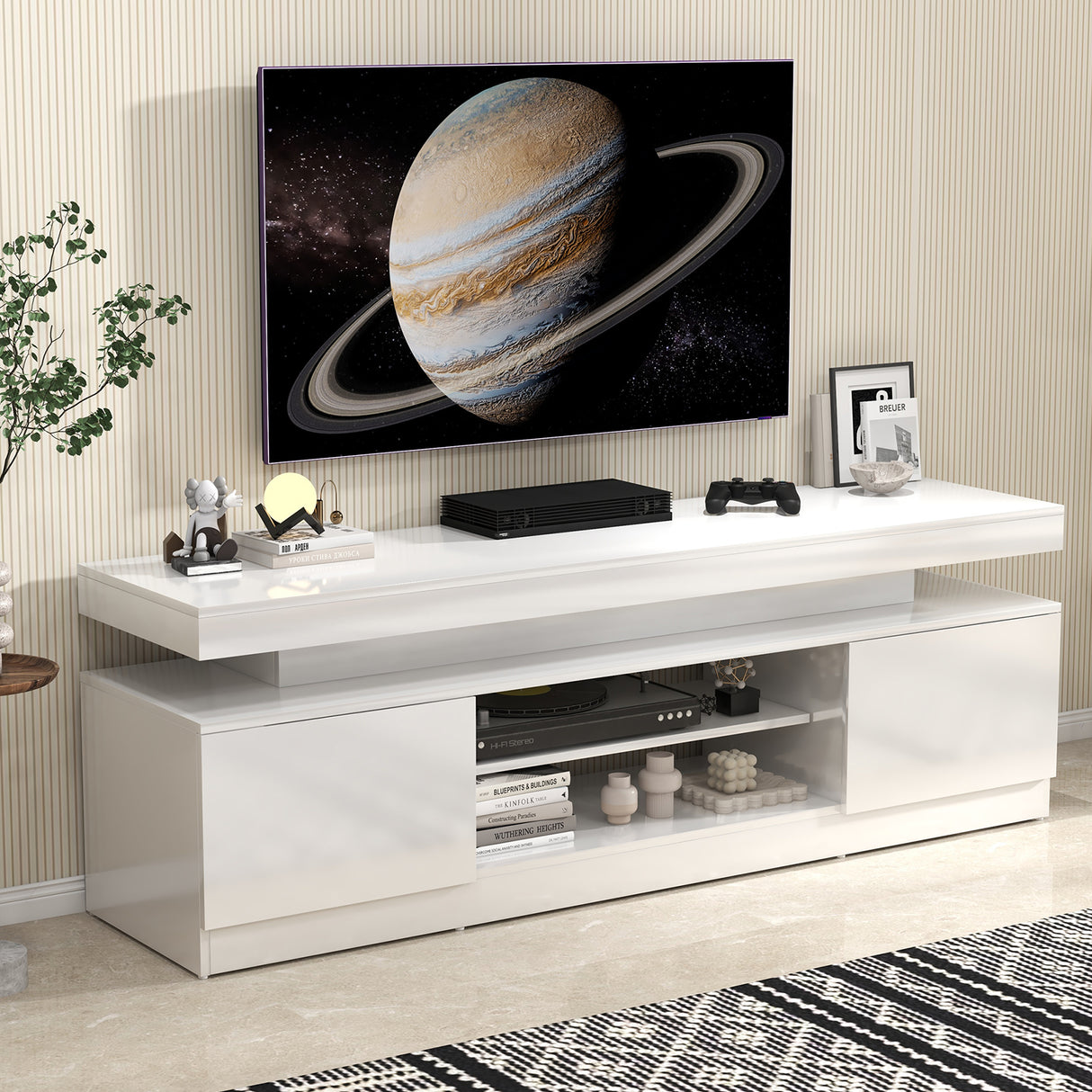 JOIVI LED TV Stand with Power Outlets, Modern High Gloss Entertainment Center for TVs Up to 75", TV Media Console with Storage
