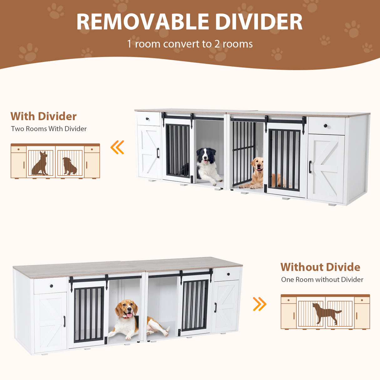 JOIVI 88" Dog Crate Furniture with Double Sliding Barn Doors & Drawers for 2 Dogs, Indoor Wooden Dog Kennel with Removable Divider