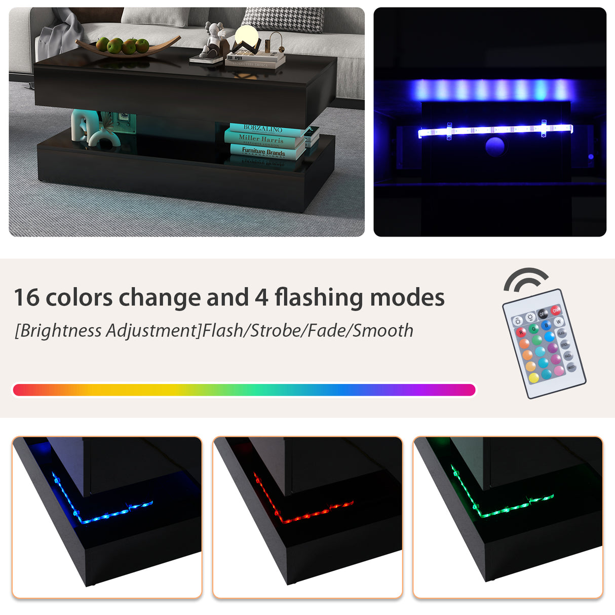 JOIVI LED Coffee Table with 2 Storage Drawers, Modern High Gloss Coffee Table, 2 Tiers Rectangle Center Table, 16-Color LED Lights