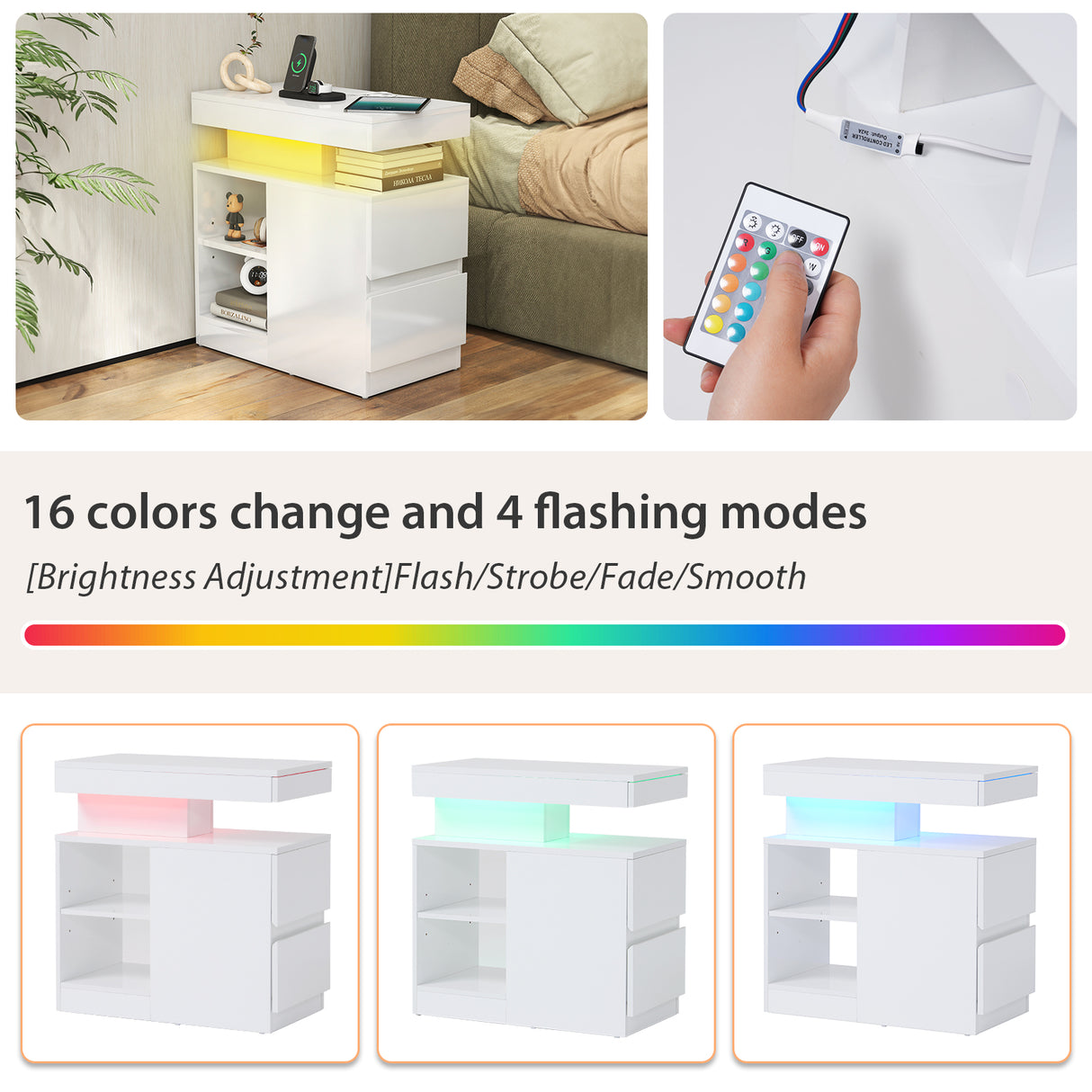 JOIVI LED Nightstand with Charging Station, 2-Drawers High Gloss Bedside Table, Modern End Side Table with LED Lights