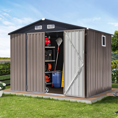 JOIVI 8 x6 FT Outdoor Storage Shed with Window, Galvanized Metal Steel Weather Resistant Garden Shed