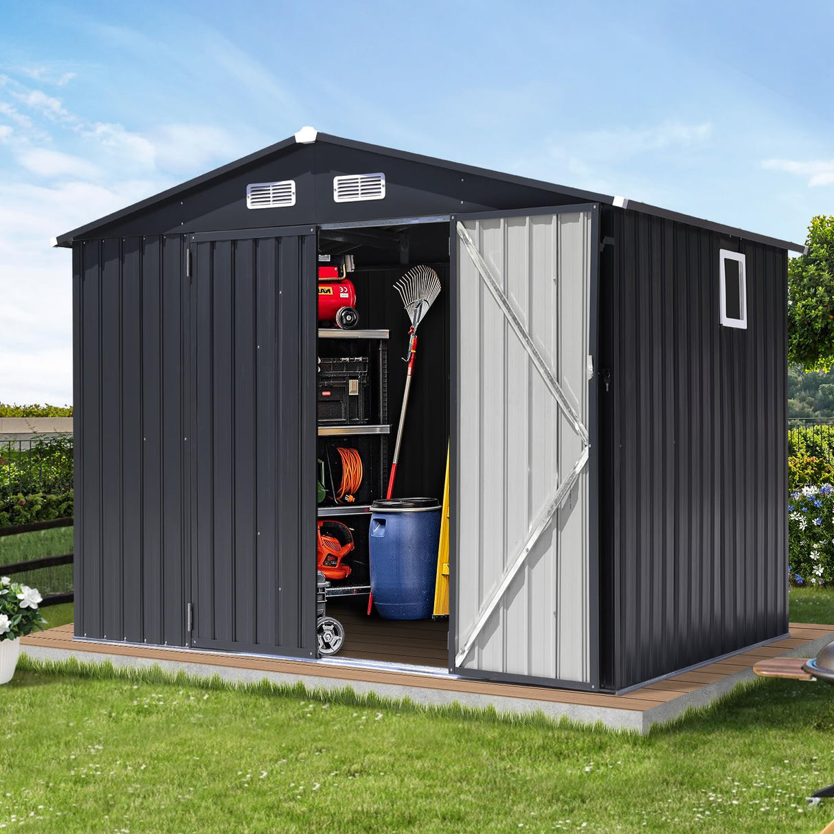 JOIVI 8 x6 FT Outdoor Storage Shed with Window, Galvanized Metal Steel Weather Resistant Garden Shed