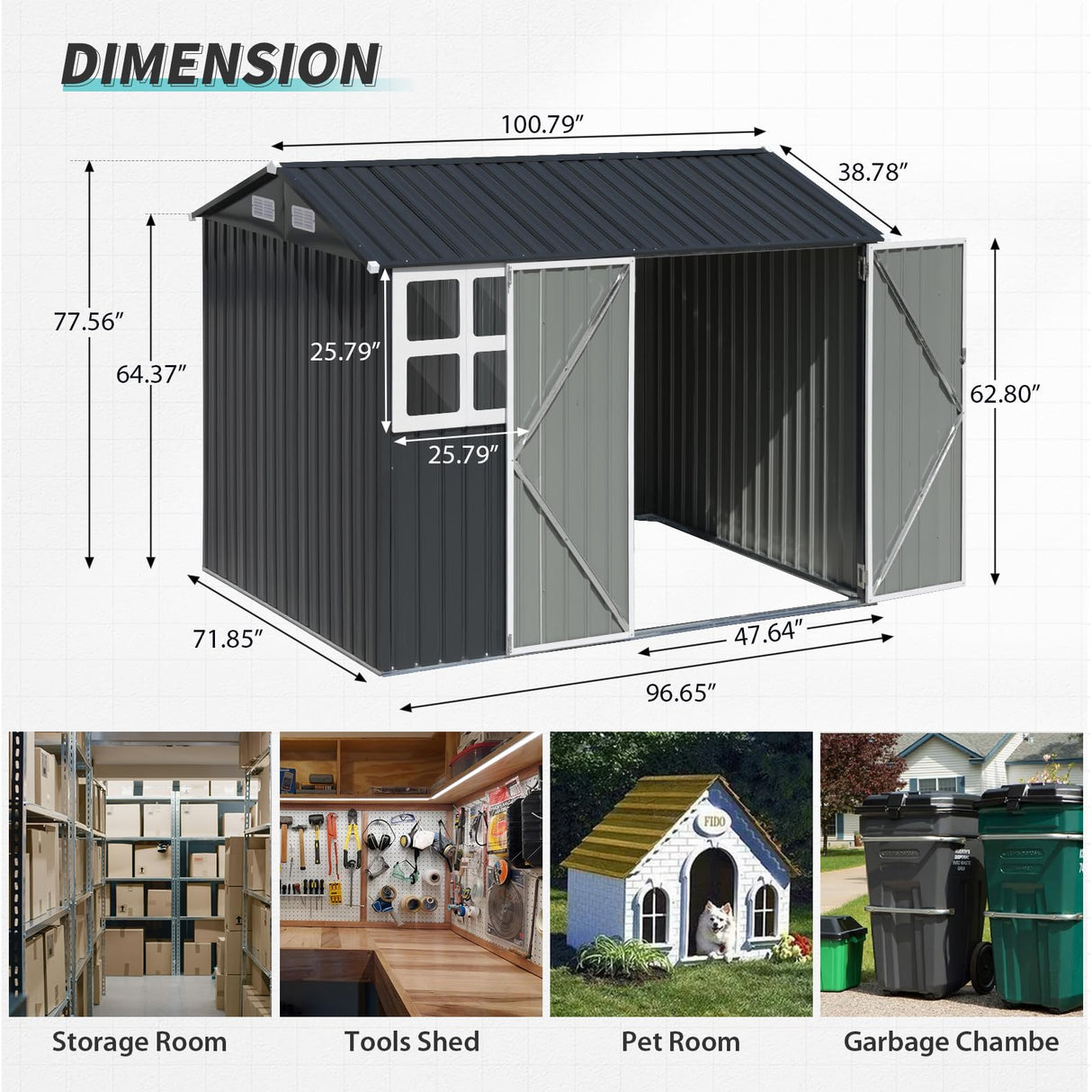 JOIVI Outdoor Storage Shed with Large Window, Patio Galvanized Metal Steel Garden Shed for Bike, Garbage Can, Lawnmower, Tool Storage Shed W/Lock