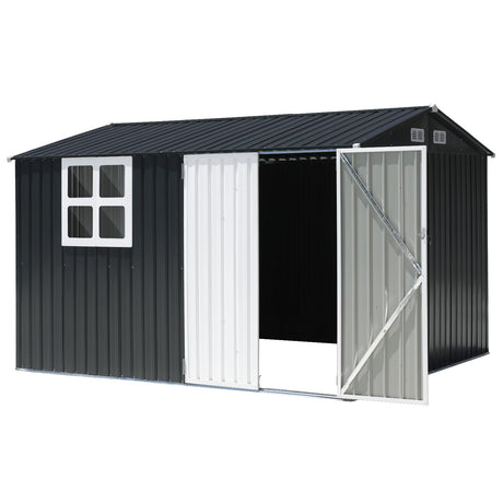 JOIVI Outdoor Storage Shed with Large Window, Patio Galvanized Metal Steel Garden Shed for Bike, Garbage Can, Lawnmower, Tool Storage Shed W/Lock