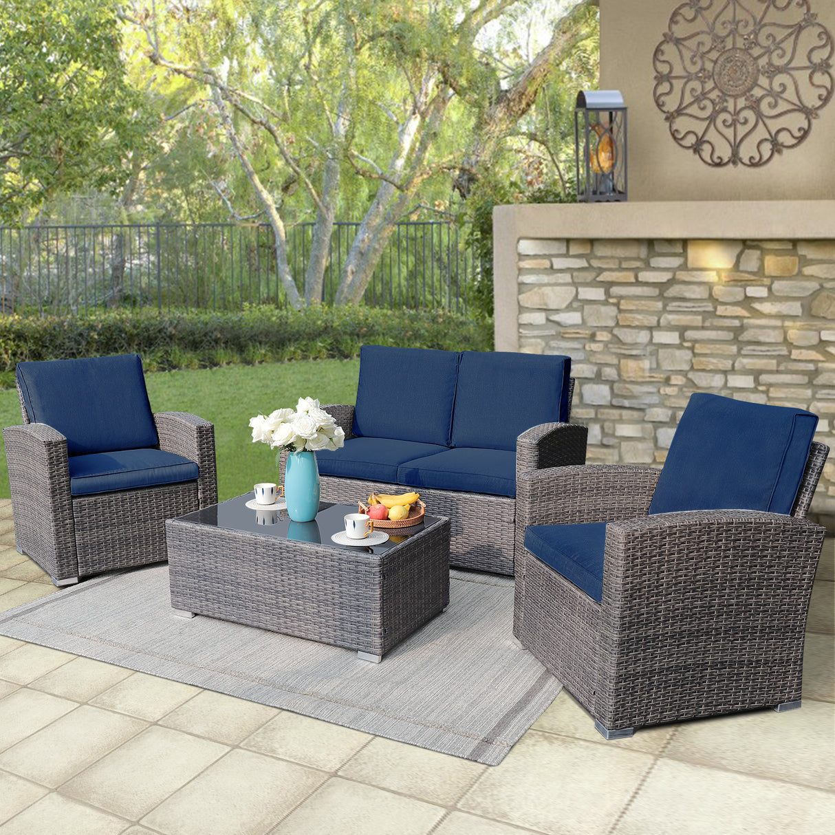 JOIVI 4 Piece PE Rattan Sectional Seating Group