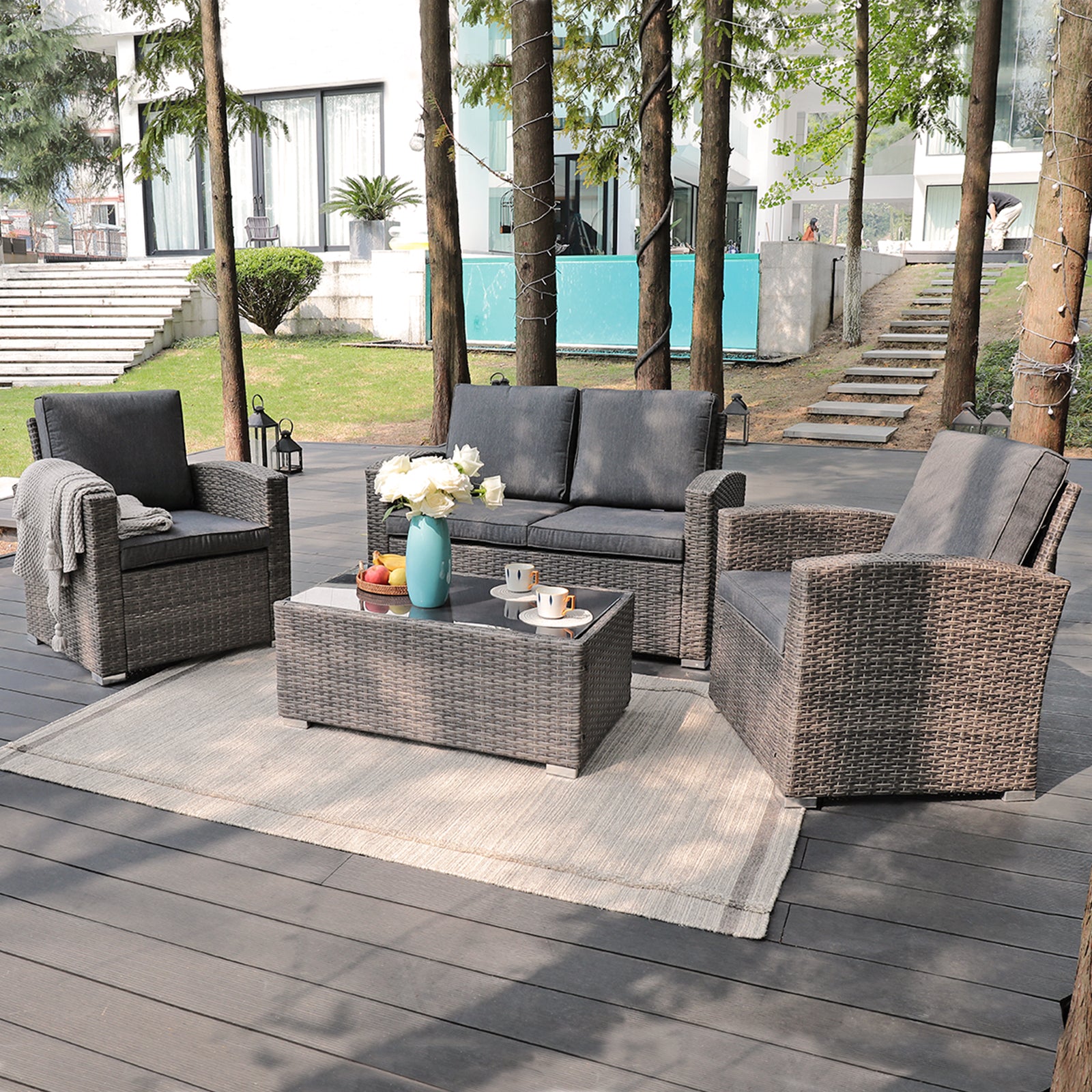 JOIVI 4 Piece PE Rattan Sectional Seating Group