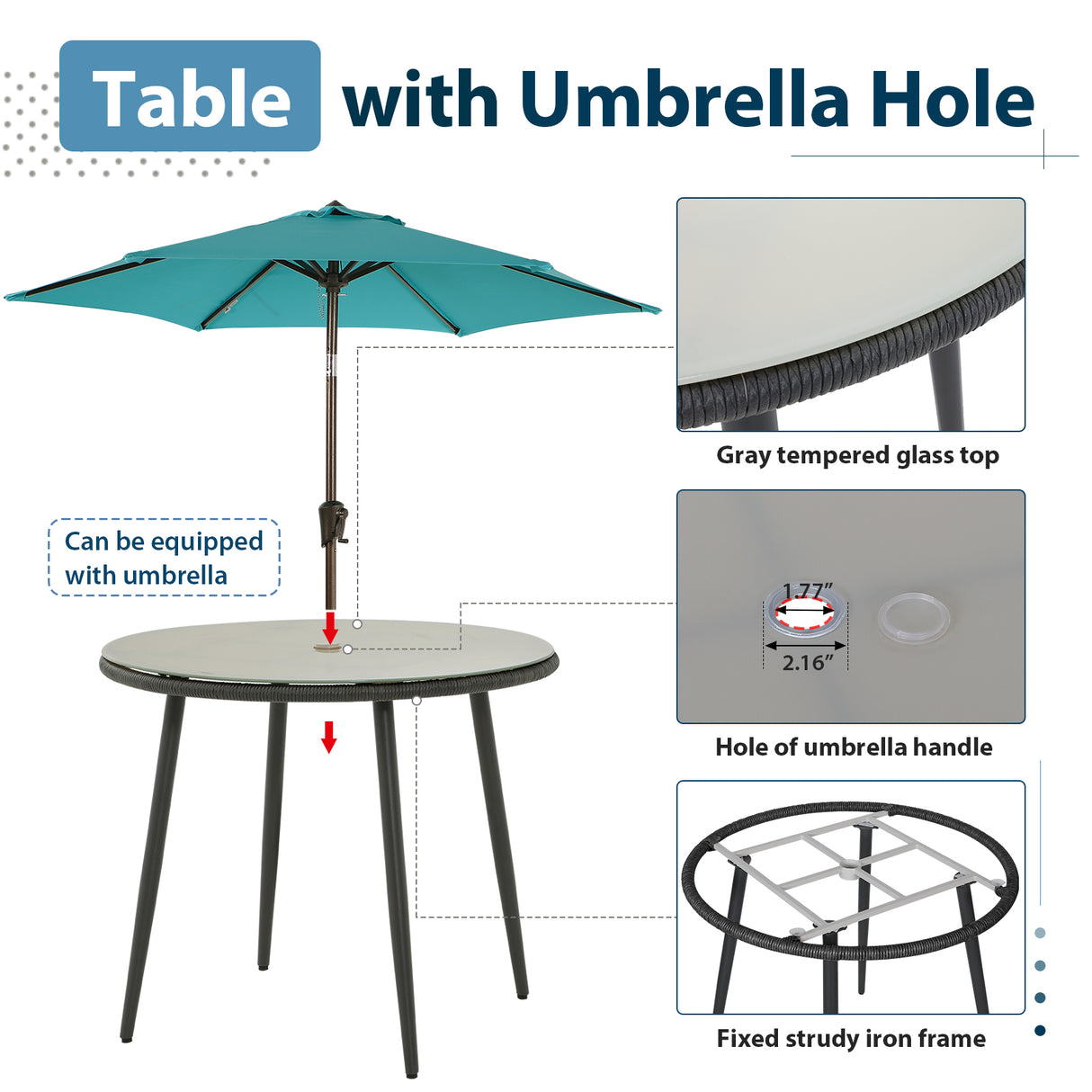 JOIVI 5-Piece Outdoor Patio Dining Set with Rattan Dining Chairs for 4-Person & Tempered Glass Table, 2.16” Umbrella Hole