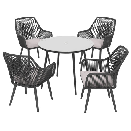 JOIVI 5-Piece Outdoor Patio Dining Set with Rattan Dining Chairs for 4-Person & Tempered Glass Table, 2.16” Umbrella Hole