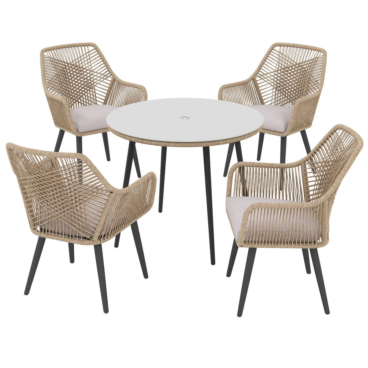 JOIVI 5-Piece Outdoor Patio Dining Set with Rattan Dining Chairs for 4-Person & Tempered Glass Table, 2.16” Umbrella Hole