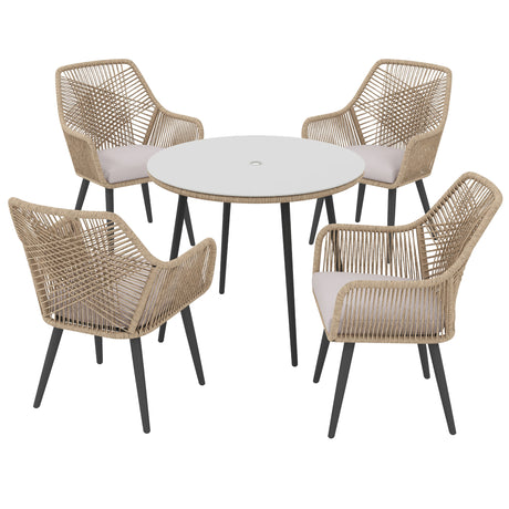 JOIVI 5-Piece Outdoor Patio Dining Set with Rattan Dining Chairs for 4-Person & Tempered Glass Table, 2.16” Umbrella Hole