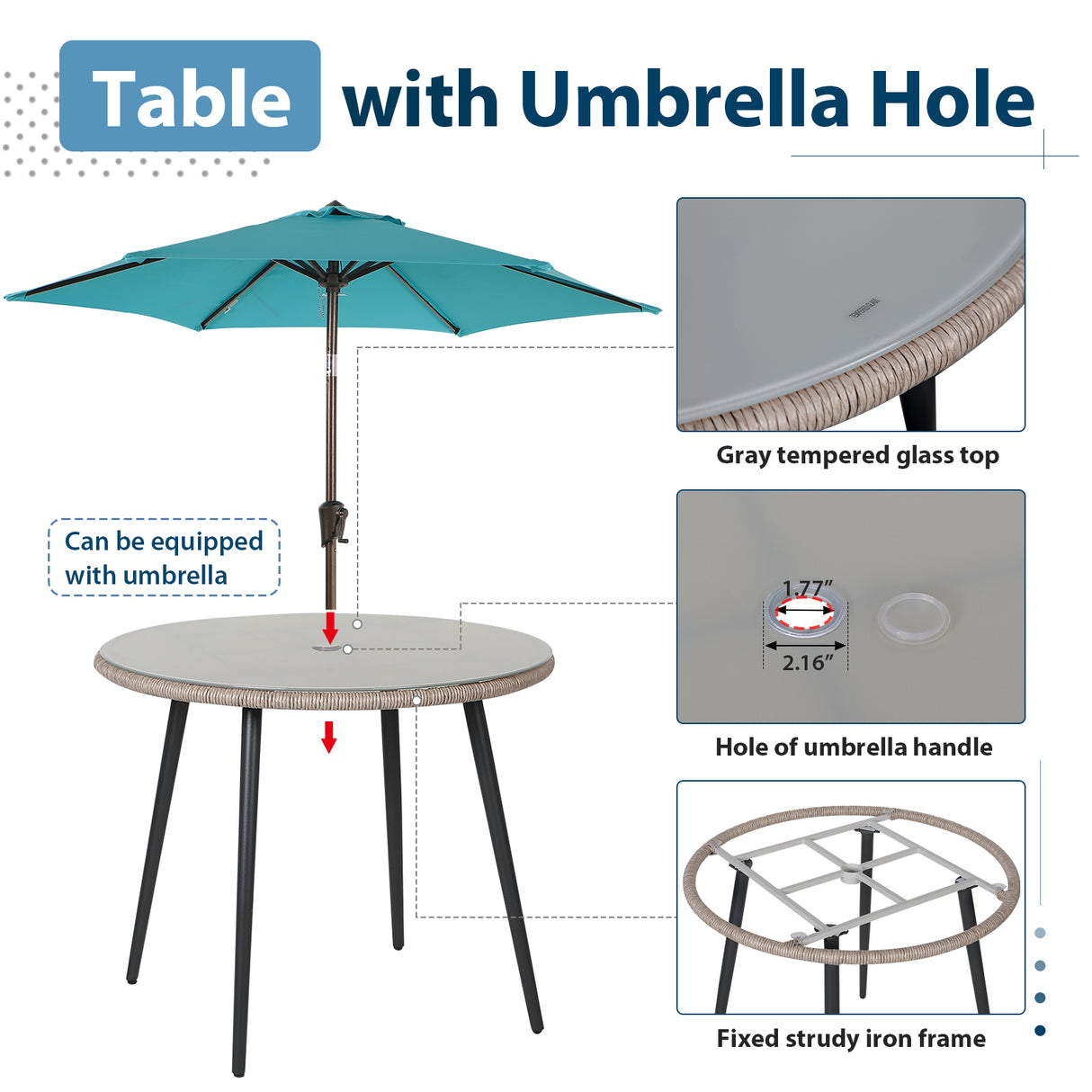JOIVI 5-Piece Outdoor Patio Dining Set with Rattan Dining Chairs for 4-Person & Tempered Glass Table, 2.16” Umbrella Hole